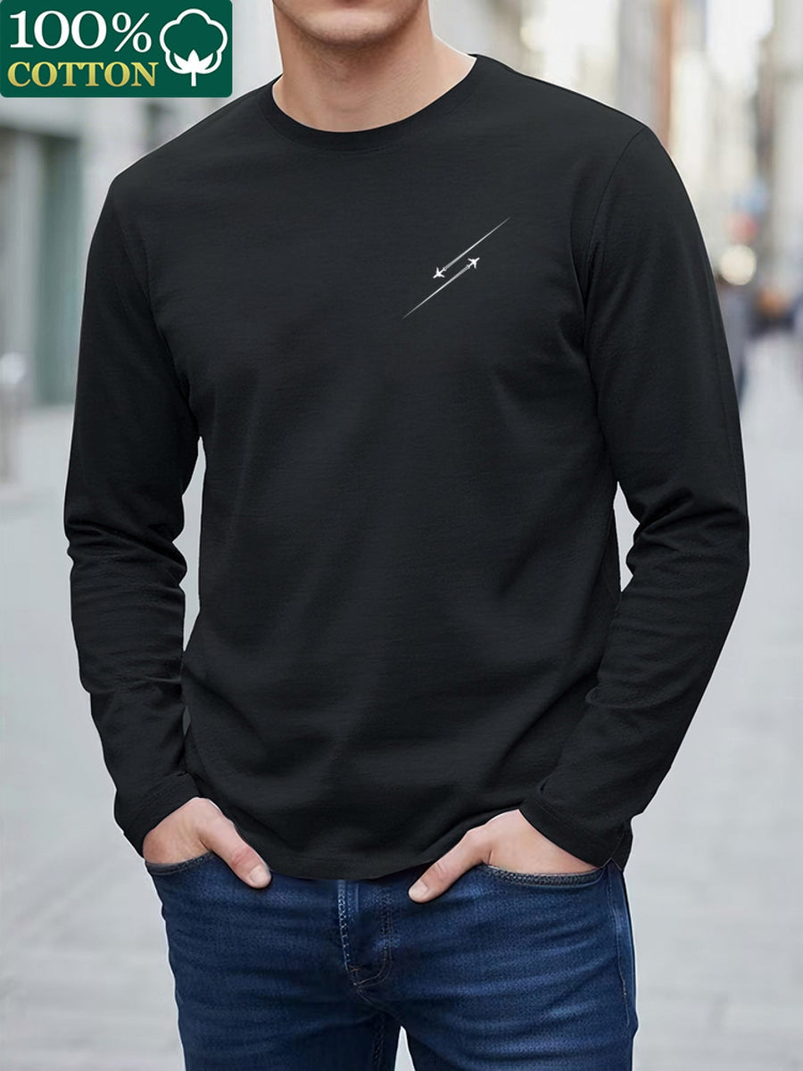 Herr Långärmad T-shirt med Rund Hals och Linjemönster