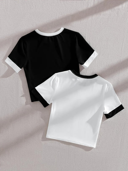 Dam T-shirt Set med Kontrastkant och Kort Ärms, Trendig och Avslappnad Stil för Vardagsbruk