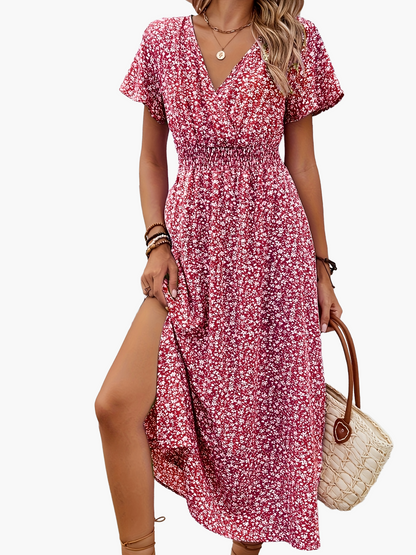 Damklänning Elegant V-ringad Blommig Sommarklänning med Kort Ärm och Slits