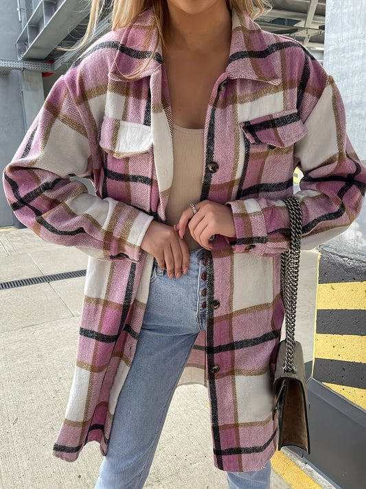 Dam Skjortjacka Lång Oversize Rutig Casual Vår/Höst