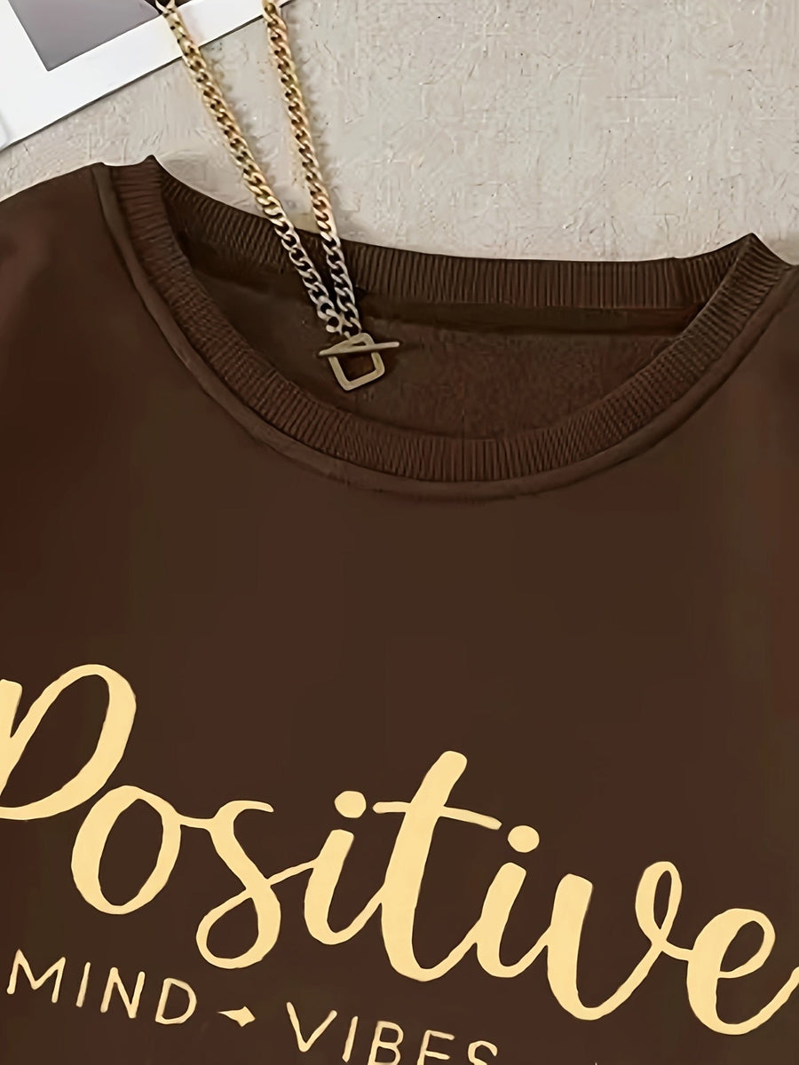 Brun Tröja med "Positive Mind Vibes Life"-Tryck Rundhalsad Långärmad Sweatshirt