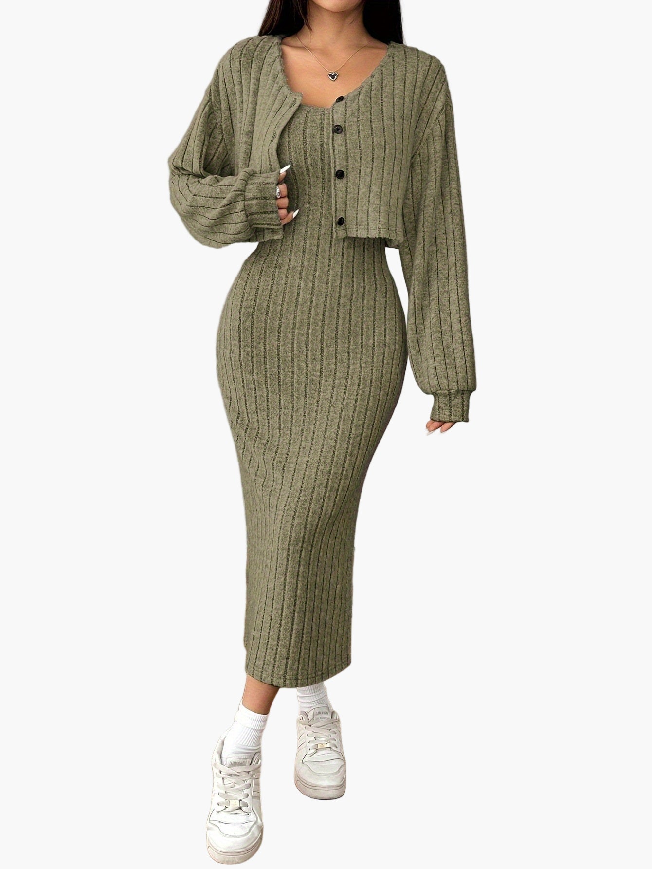 Dam Set med Kjol och Kofta – Elegant Ribbad Stickad Outfit för Vardag och Fritid