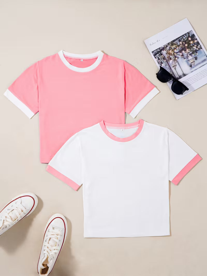 Dam T-shirt Set med Kontrastkant och Kort Ärms, Trendig och Avslappnad Stil för Vardagsbruk