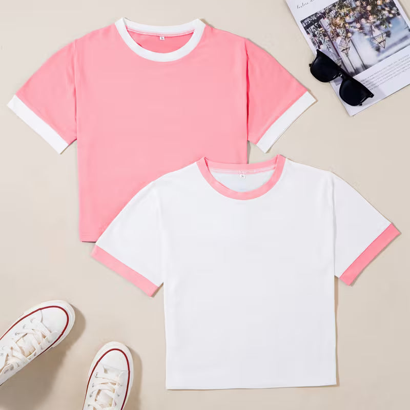 Dam T-shirt Set med Kontrastkant och Kort Ärms, Trendig och Avslappnad Stil för Vardagsbruk