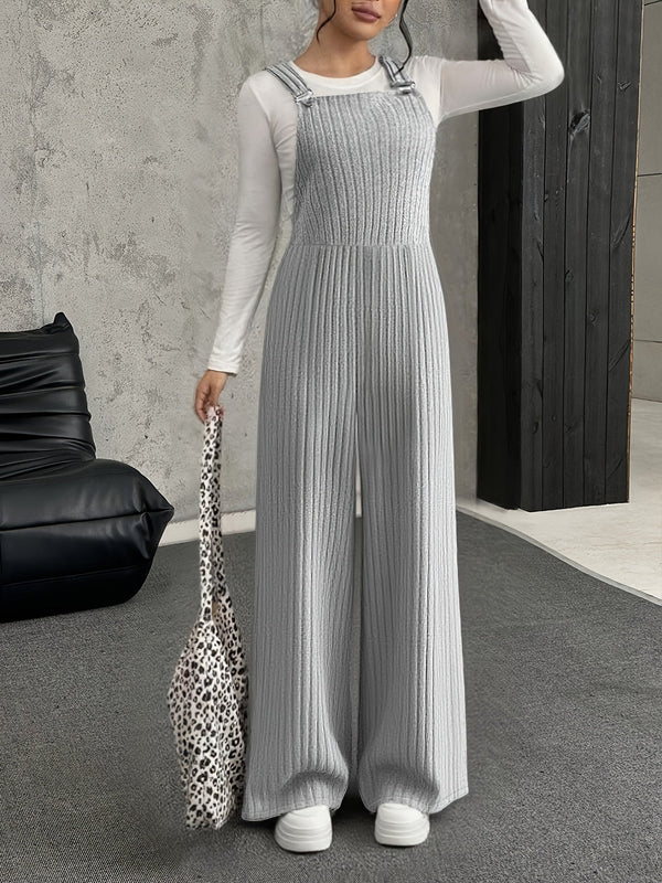 Grå Ribbad Jumpsuit med Vida Ben och Hängslen för Dam
