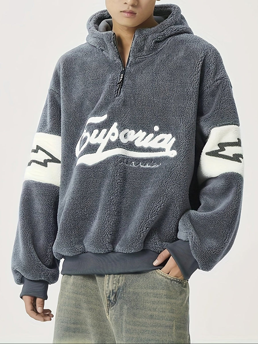 Fleecehuvtröja med halv dragkedja och broderad text, sportig design