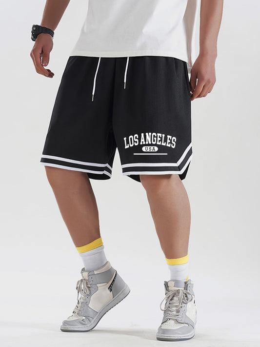 Herr Sportiga Basketshorts med Los Angeles-tryck, Löst Passform, Perfekt för Träning och Fritid