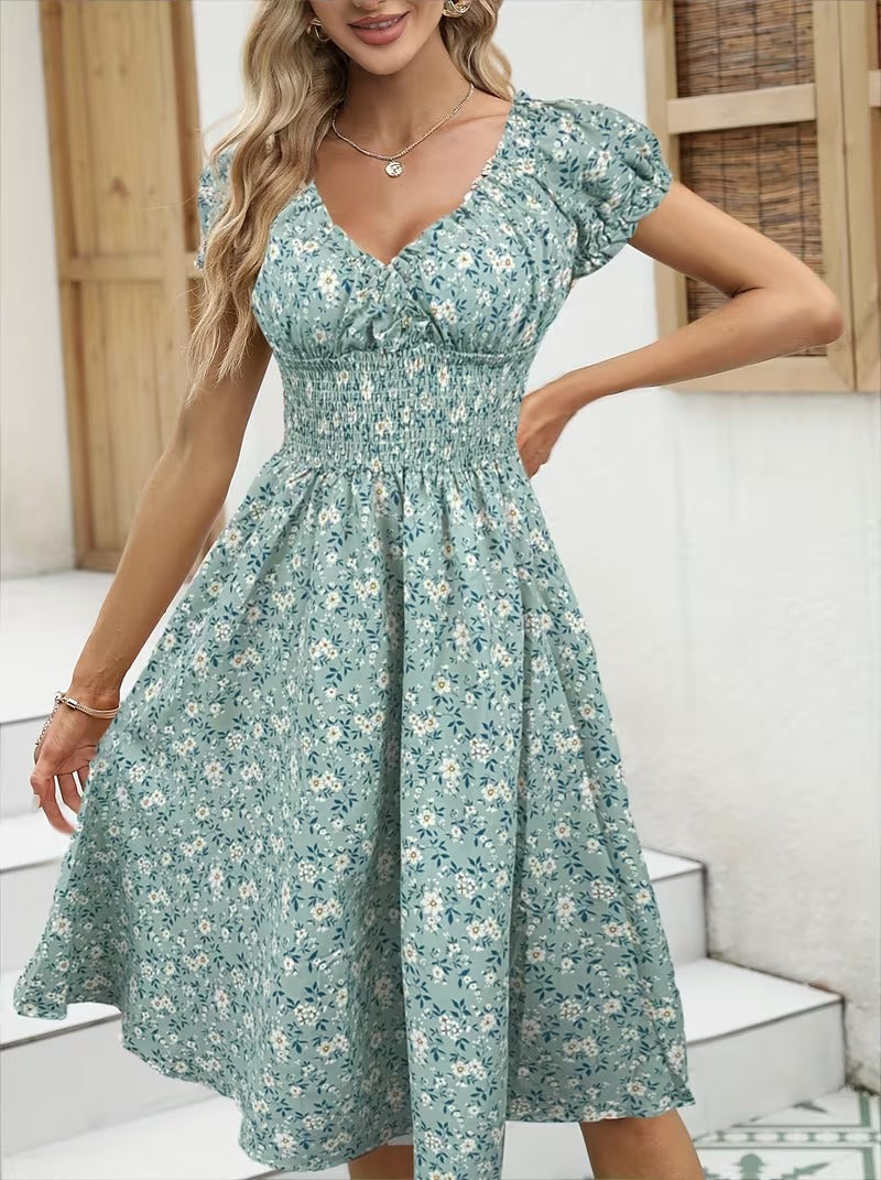 Damklänning Elegant Sommar Fladdrande Ärmar V-ringad Blommig Fritidsstil