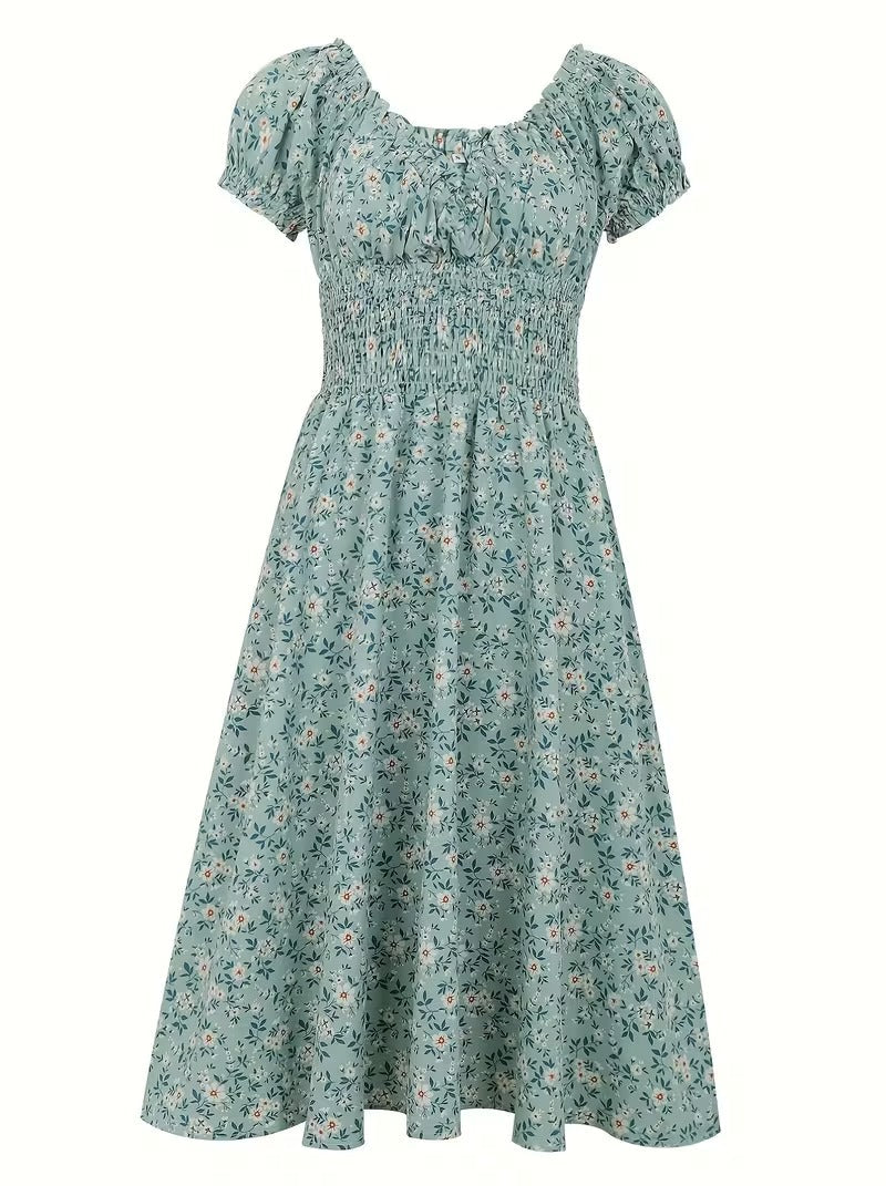 Damklänning Elegant Sommar Fladdrande Ärmar V-ringad Blommig Fritidsstil