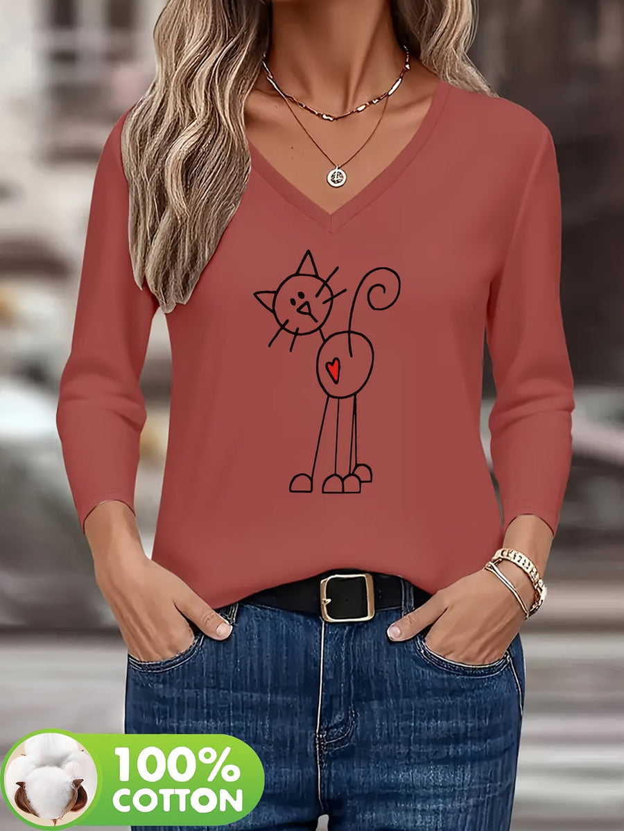 Dam T-shirt med lång ärm, V-ringning och kattryck