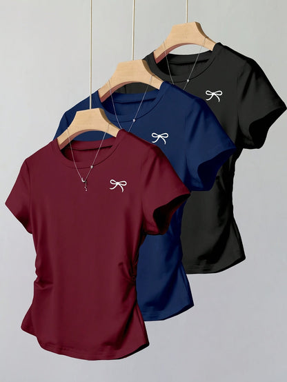 Dam T-shirt med rosettbroderi, vardagsstil, smickrande passform