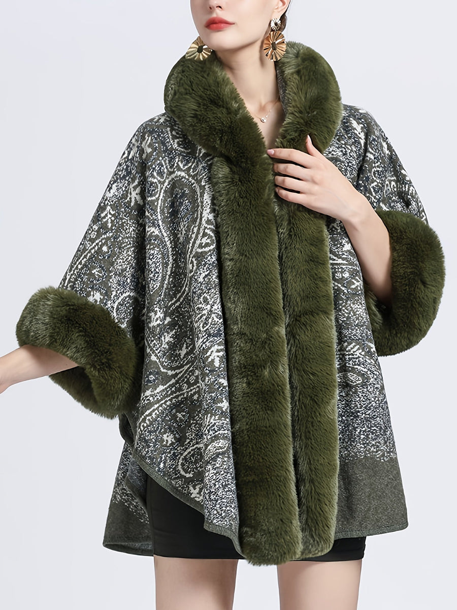 Mönstrad Poncho med Fuskpälsdetaljer och Huva Brun