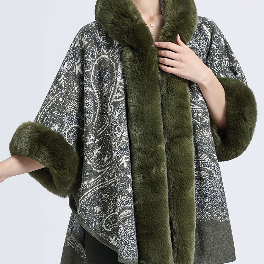 Mönstrad Poncho med Fuskpälsdetaljer och Huva Brun