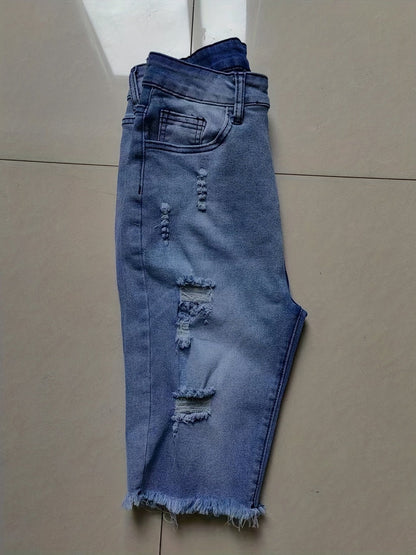 Dam Bermuda Shorts med Ripped Detaljer och Fransad Kant – Trendiga Jeansshorts för Sommar och Vardag