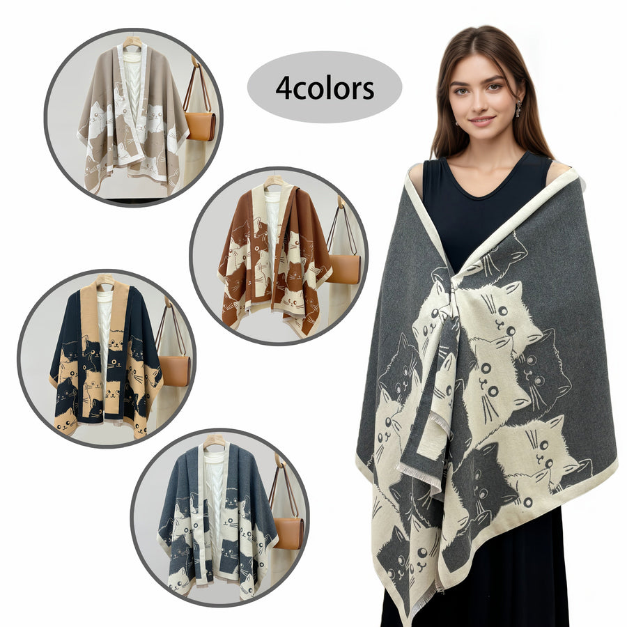 Poncho med kattmotiv och fransar, brun