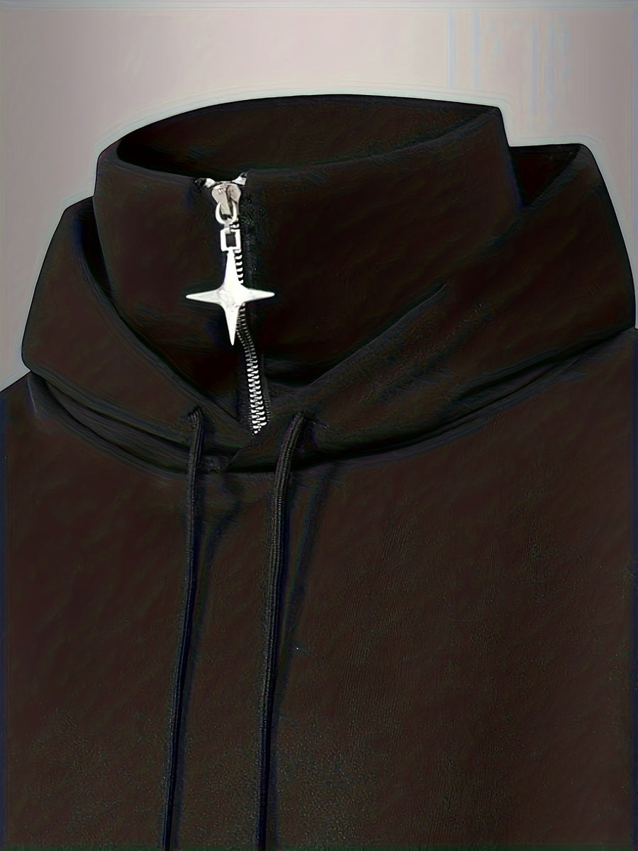 Svart hoodie med hög krage, dragkedja och huva, oversized modell med fickor