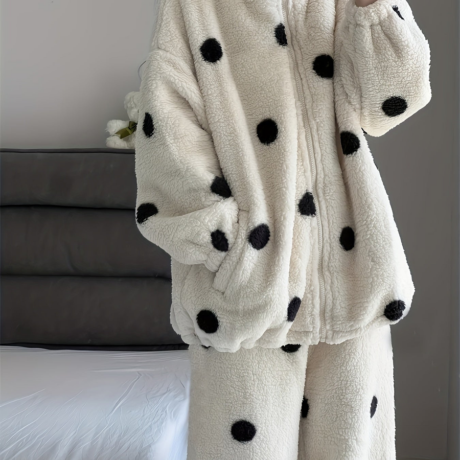 Dam Pyjamas Set i Fluffigt Material med Svarta Prickar och Dragkedja