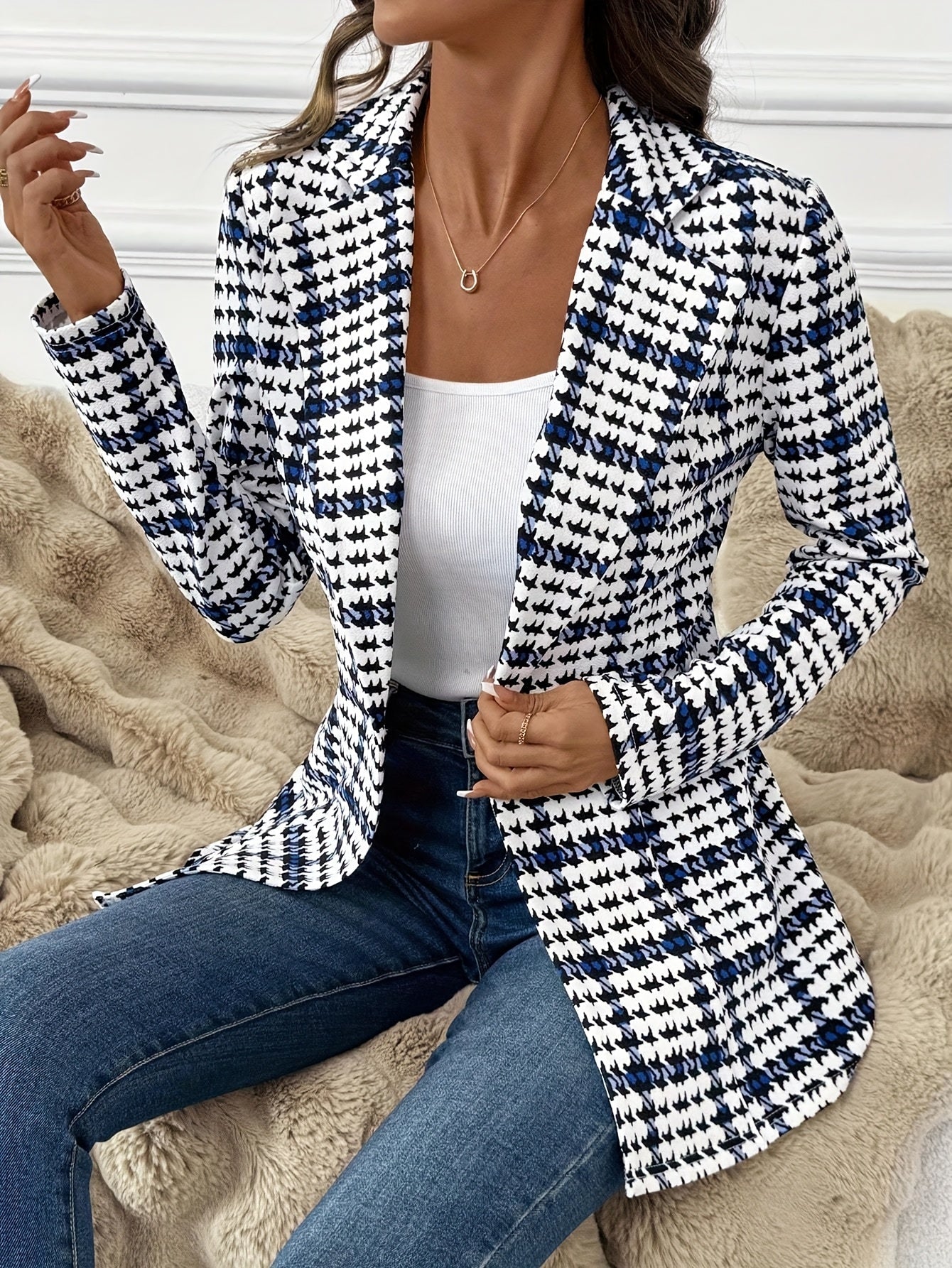 Dam Elegant Rutigt Kavaj Blazer för Vår – Långärmad, Stilren och Mångsidig