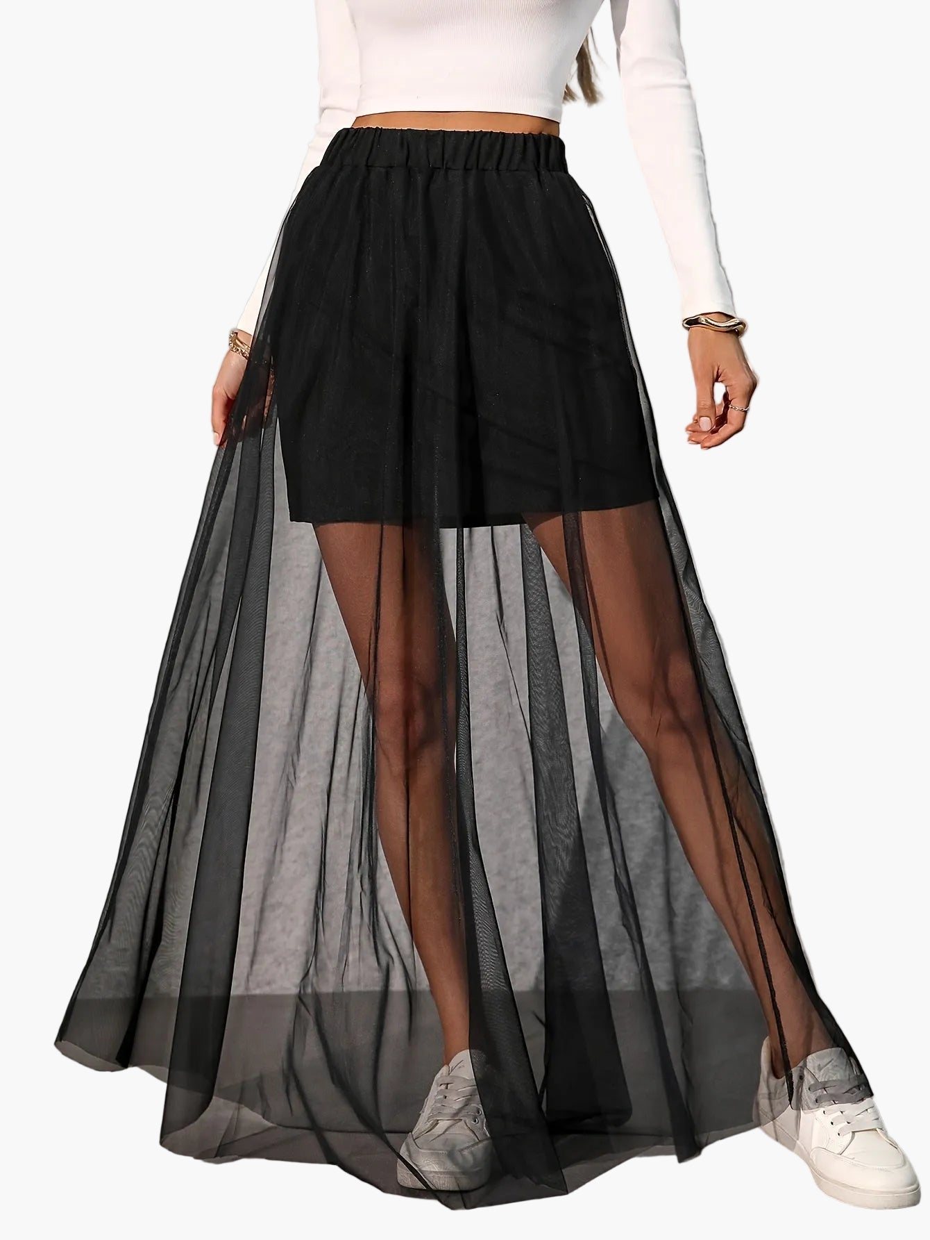 Dam Maxikjol med Transparent Mesh och Fladdrig Semesterstil