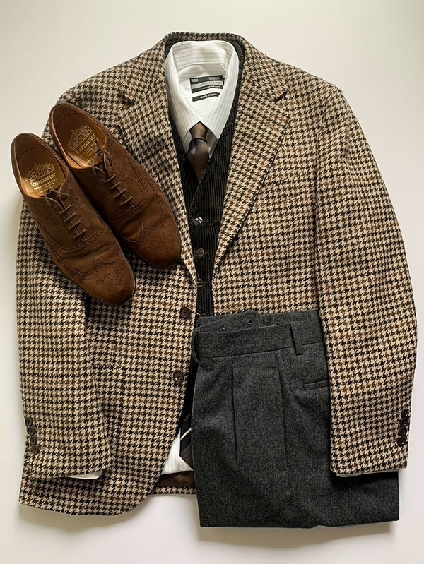 Harris Tweed Kavaj med Fiskbensmönster Herr, Brun Rutig