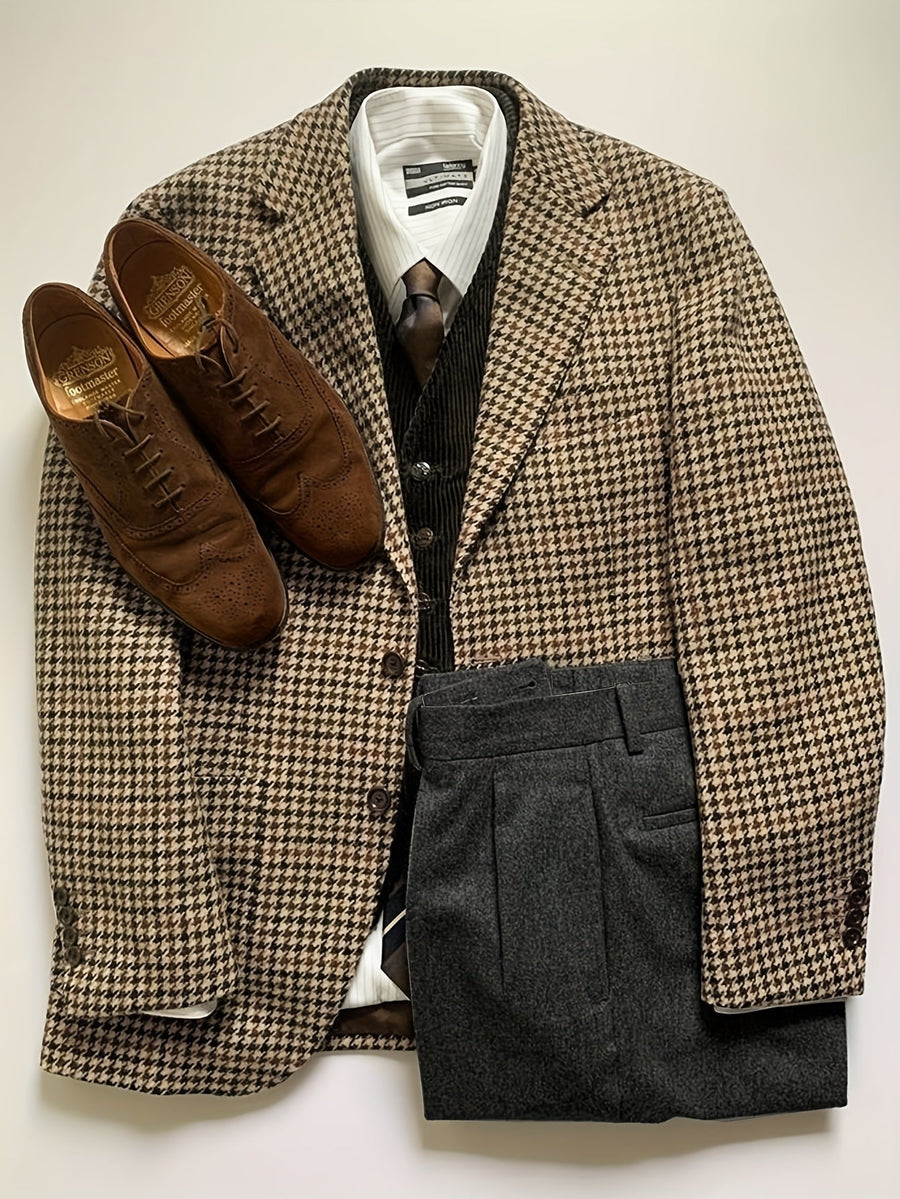 Harris Tweed Kavaj med Fiskbensmönster Herr, Brun Rutig
