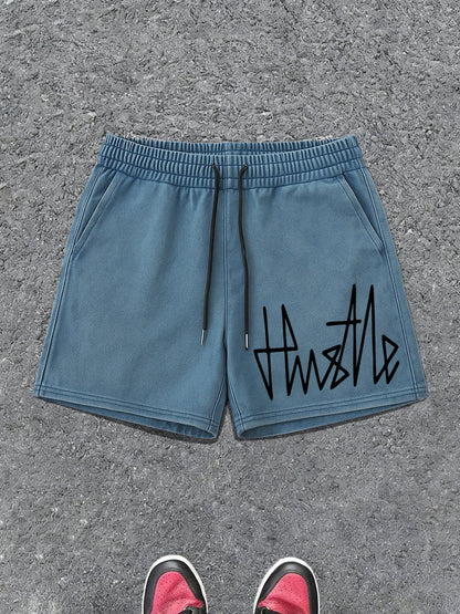 Herrshorts Streetwear med Hustle-tryck, avslappnad stil för vardagsbruk