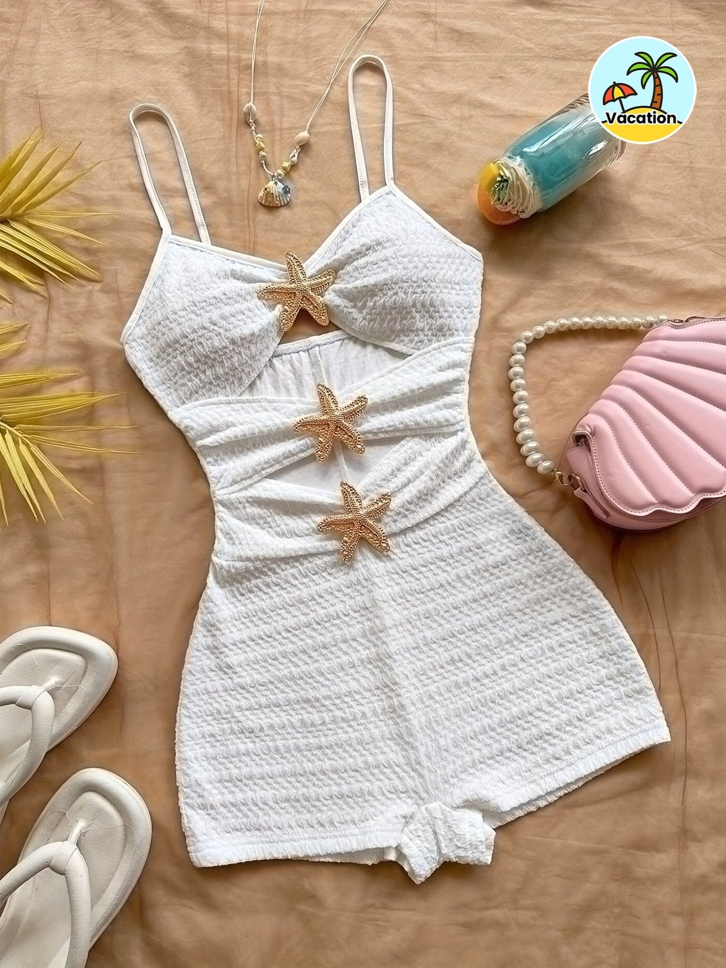 Dam Playsuit Strandmode med Sjöstjärne-detaljer och Trendiga Utskärningar – Perfekt för Semester och Poolparty
