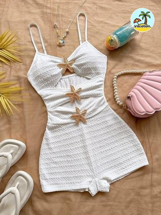 Dam Playsuit Strandmode med Sjöstjärne-detaljer och Trendiga Utskärningar – Perfekt för Semester och Poolparty