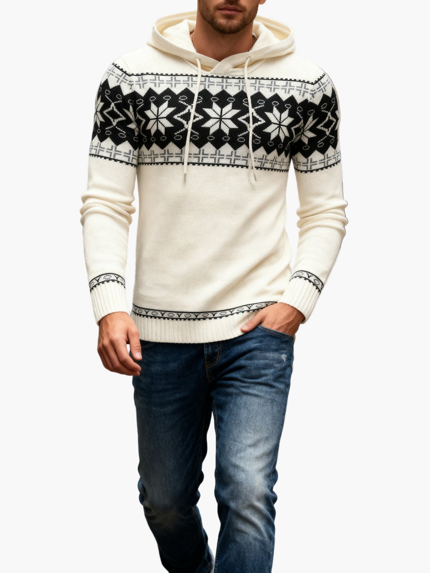 Herrtröja med huva och julmönster – casual stickad pullover för höst och vinter