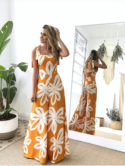 Damklänning – Elegant Sommarklänning med Blommigt Mönster och Knytband, Perfekt för Fest och Semester