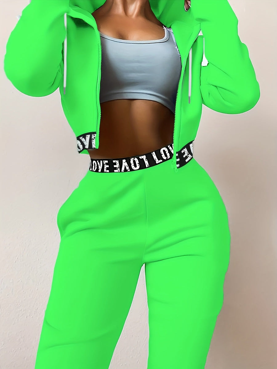 Dam Träningsset Crop Hoodie och Joggingbyxor med Hög Midja, Bokstavsmönster