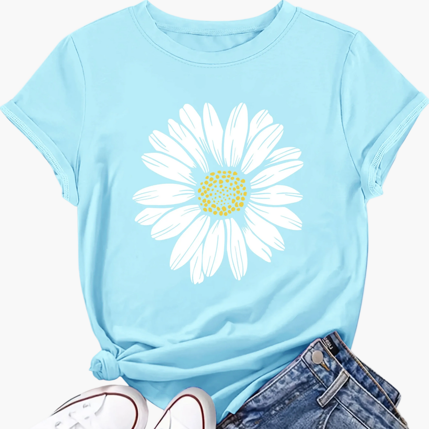 Dam T-shirt med Stor Prästkrageblomma – Avslappnad och Trendig Sommarstil