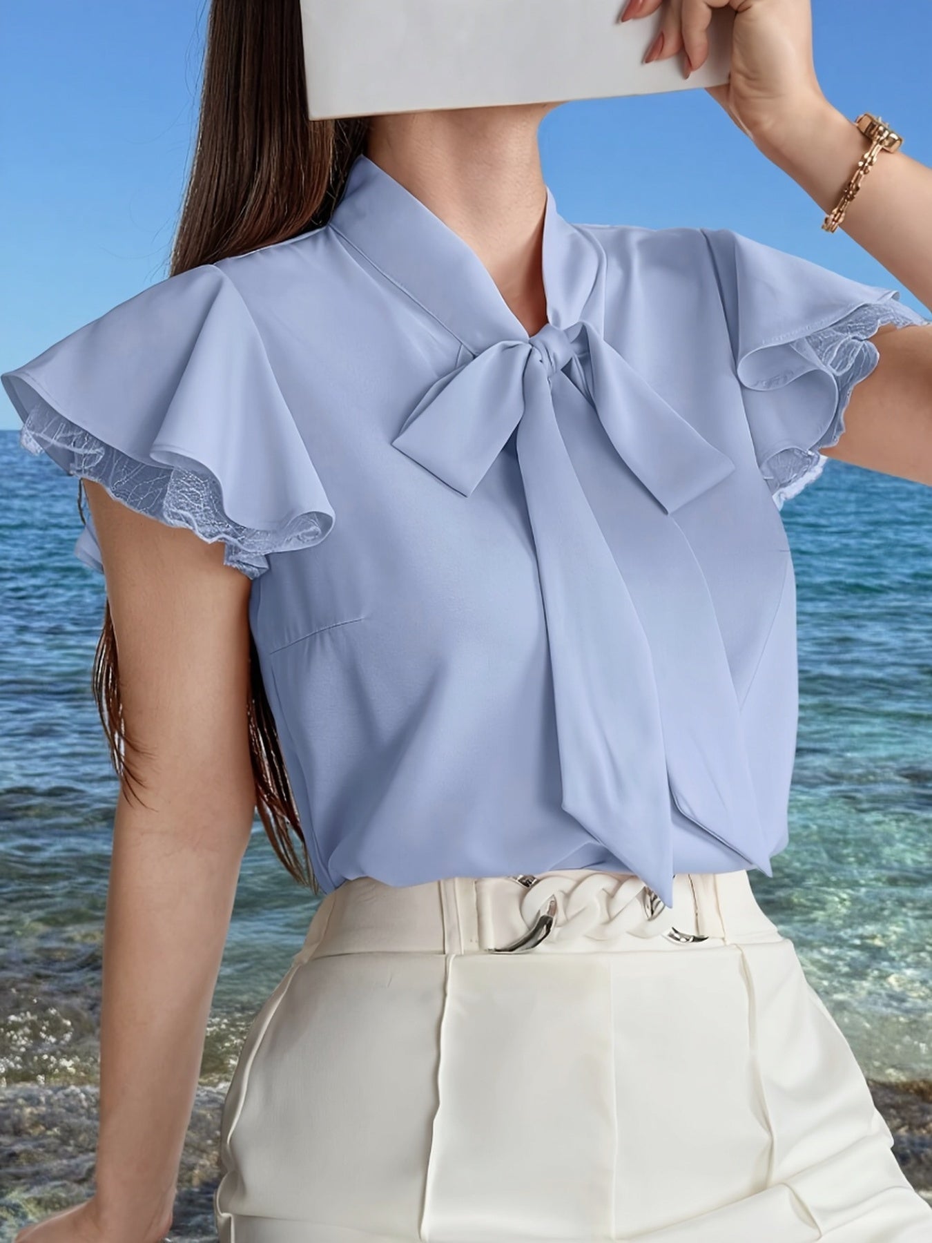 Dam Blus med Fjärilsärm och Rosett – Elegant Kontors- och Sommarstil