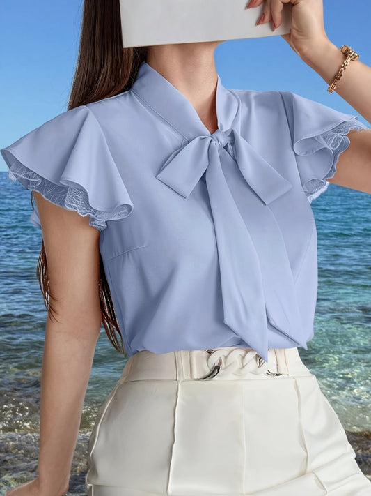 Dam Blus med Fjärilsärm och Rosett – Elegant Kontors- och Sommarstil