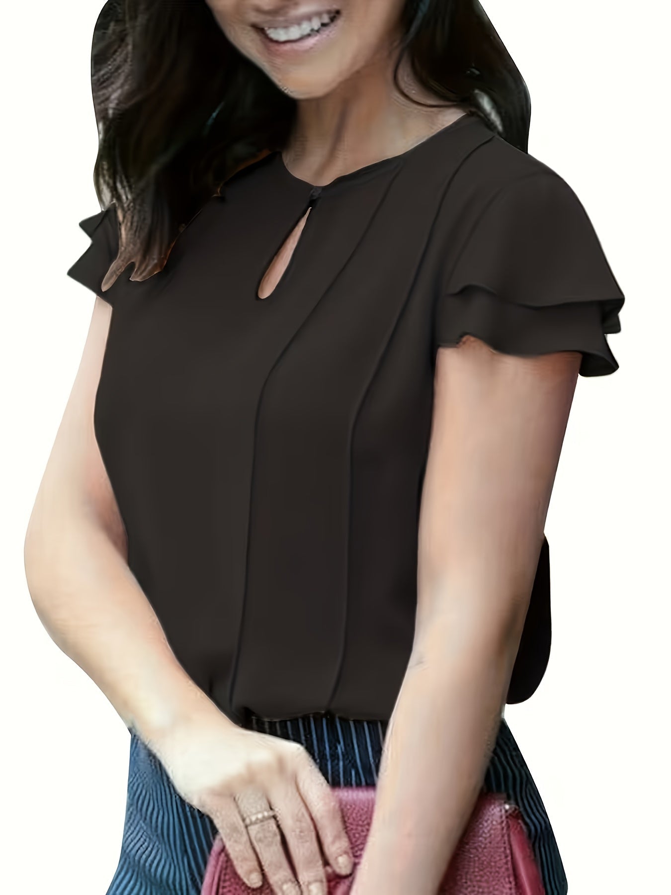 Dam Elegant Blus för Kontor och Fritid med Volangärm och Nyckelhålsdetalj