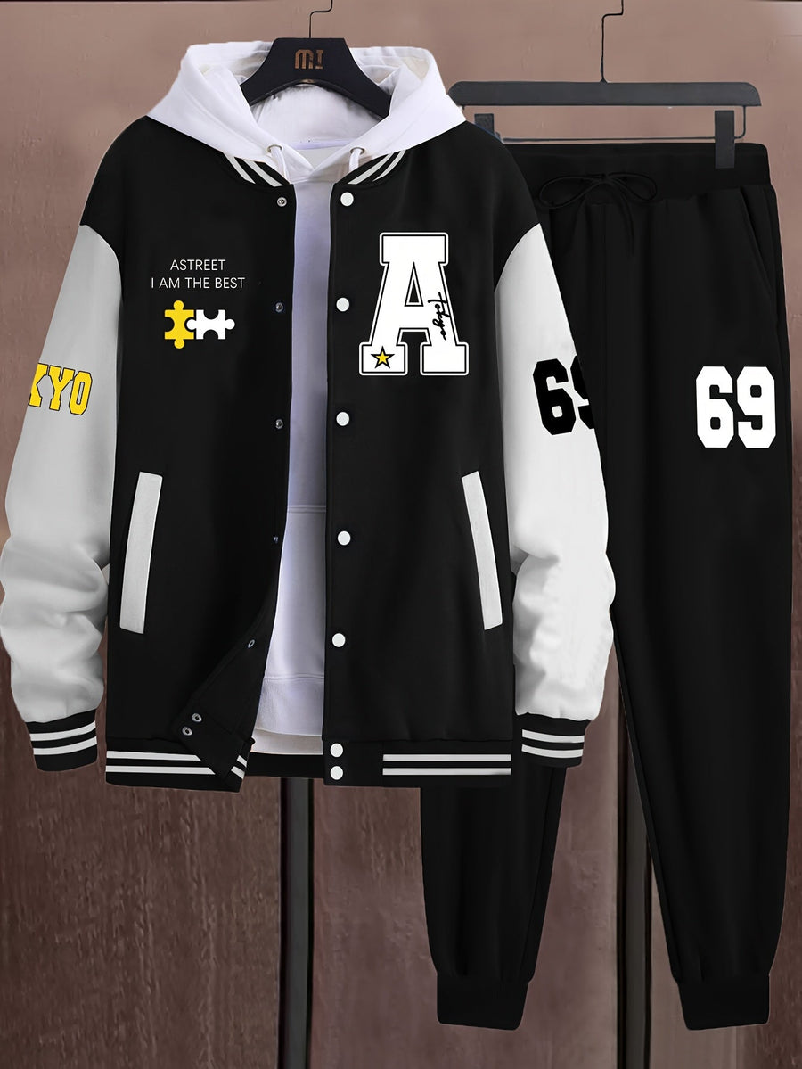 Unisex Baseballjacka & Byxor Set med Tryck Svart Vit