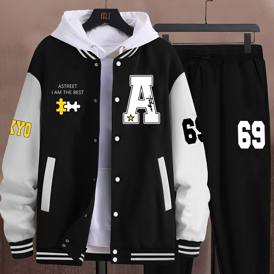 Unisex Baseballjacka & Byxor Set med Tryck Svart Vit