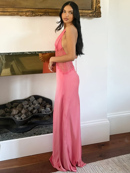 Damernas elegant lång aftonklänning med djup V-ringning och spetsliv för fest och gala