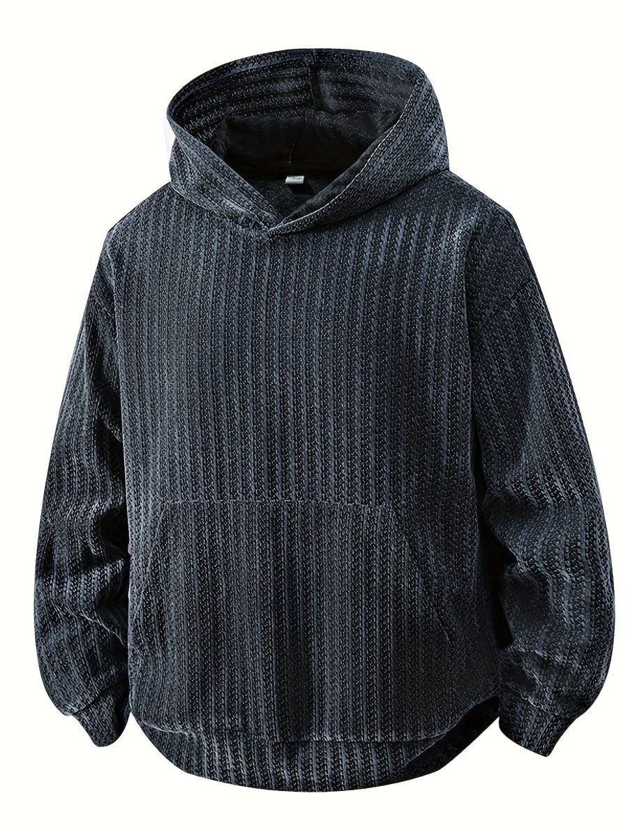 Hoodie med huva och känguruficka, ribbad textur