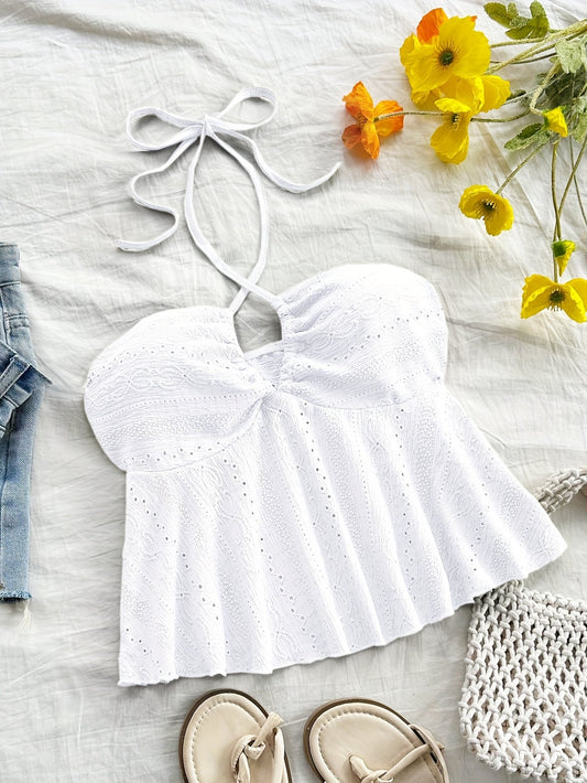 Dam Halterneck Sommartopp med Broderade Detaljer – Romantisk Babydoll Stil