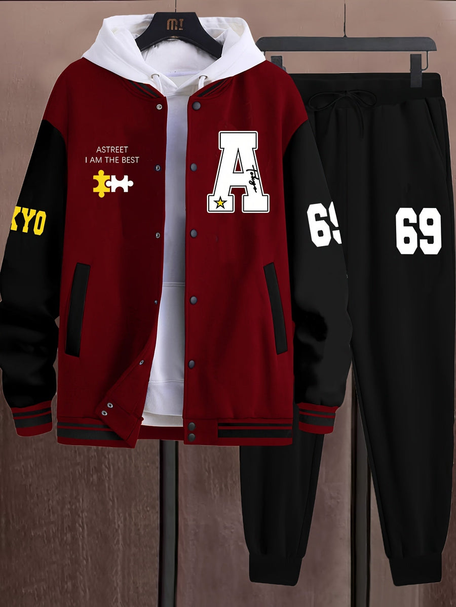Unisex Baseballjacka & Byxor Set med Tryck Svart Vit