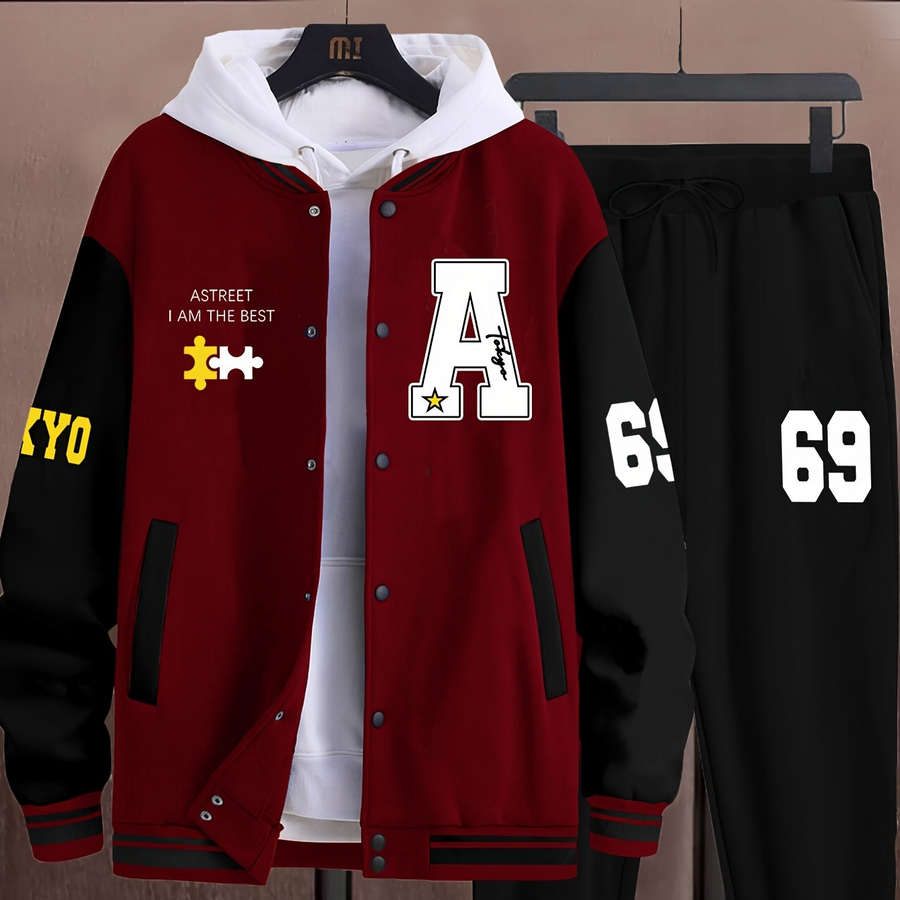 Unisex Baseballjacka & Byxor Set med Tryck Svart Vit