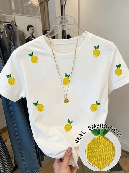 Dam T-shirt med citronbrodyr – Trendig casual stil för vardagsbruk