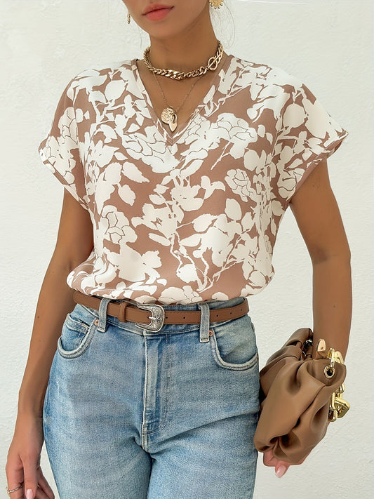 Dam Elegant Blus med Blommönster och V-ringning – Perfekt för Sommar och Vardag