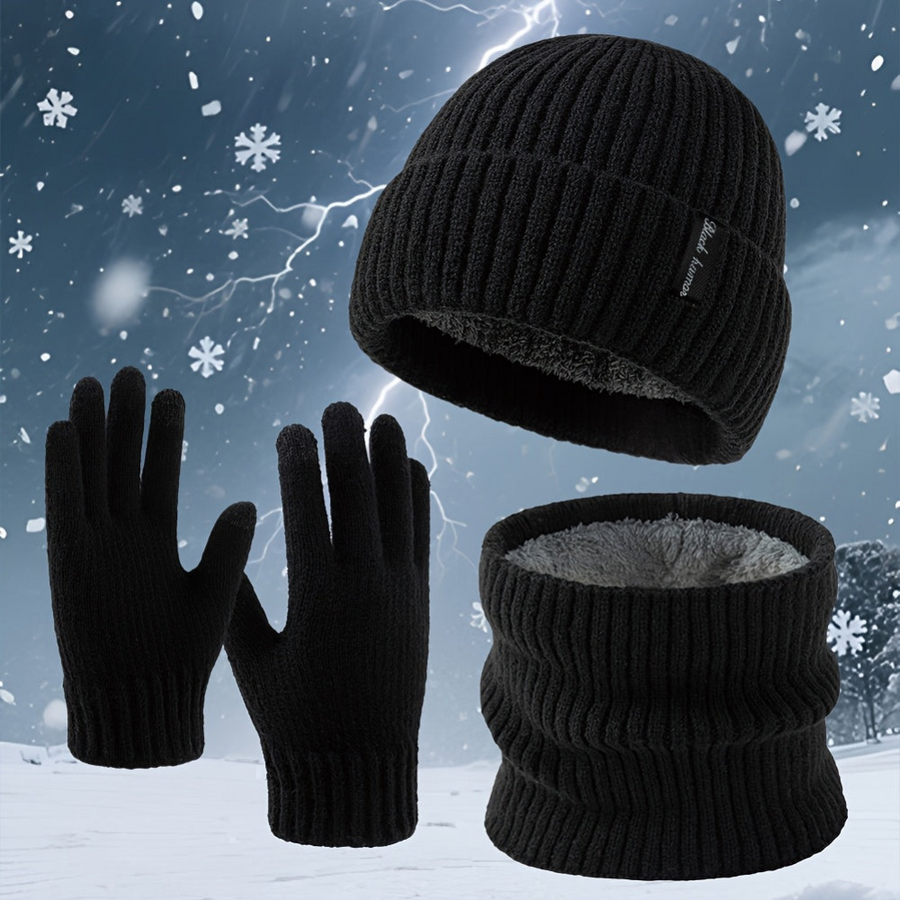 Vinterset med stickad mössa, tubhalsduk och touchhandskar – Fodrat värmande set