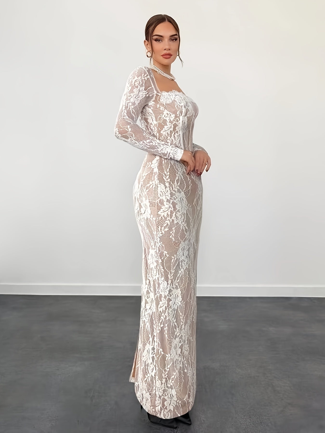 Dam Klänning Elegant Bodycon Långarmad Festklänning med Spetsdetaljer