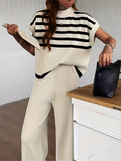 Dam Set Elegant Randig Topp och Vida Byxor för Vår/Sommar - Avslappnad Chic Outfit