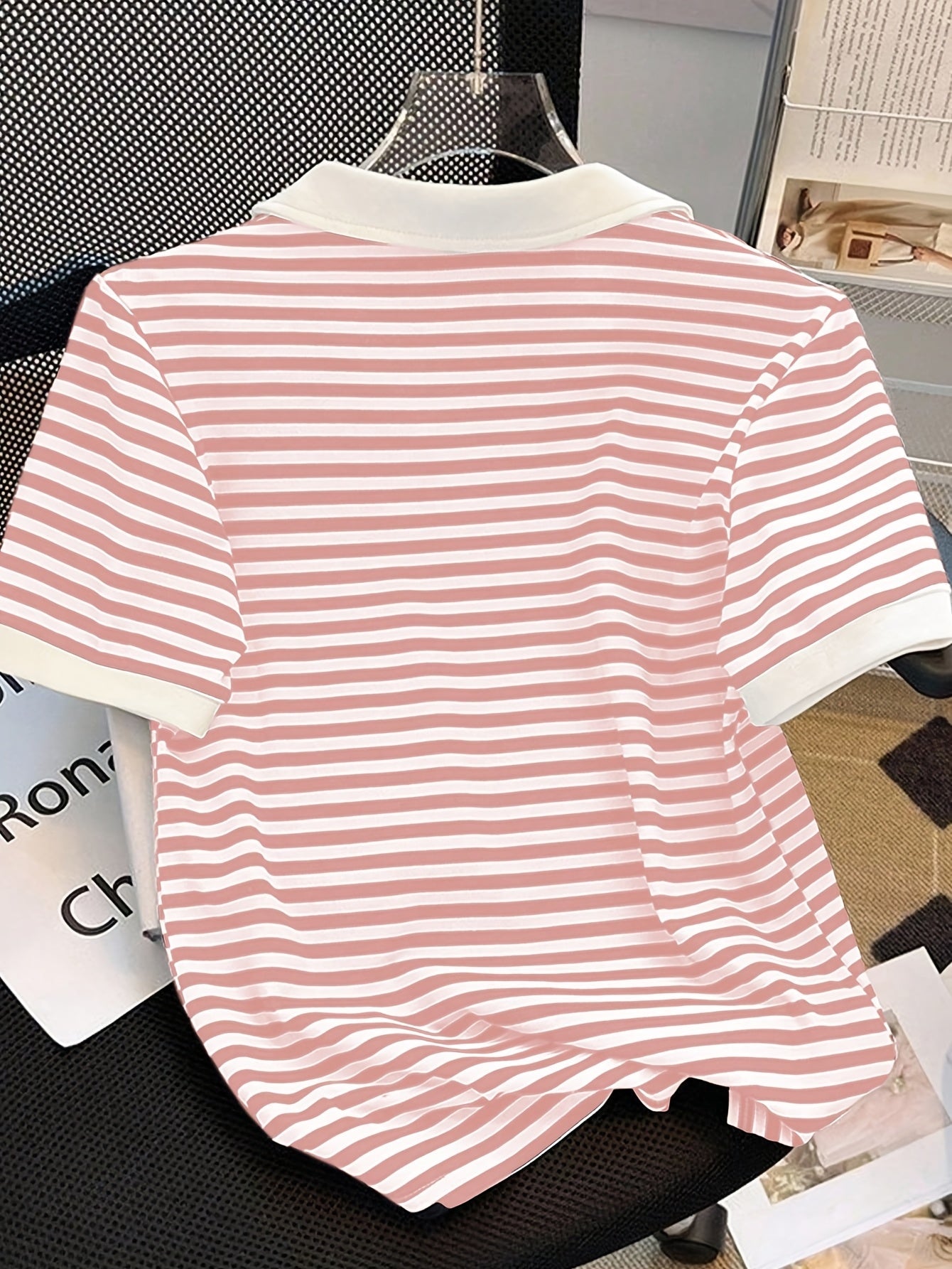 Damers Preppy Randig Pikétröja med Krage – Kortärmad, Vardagsstil, Smart Casual