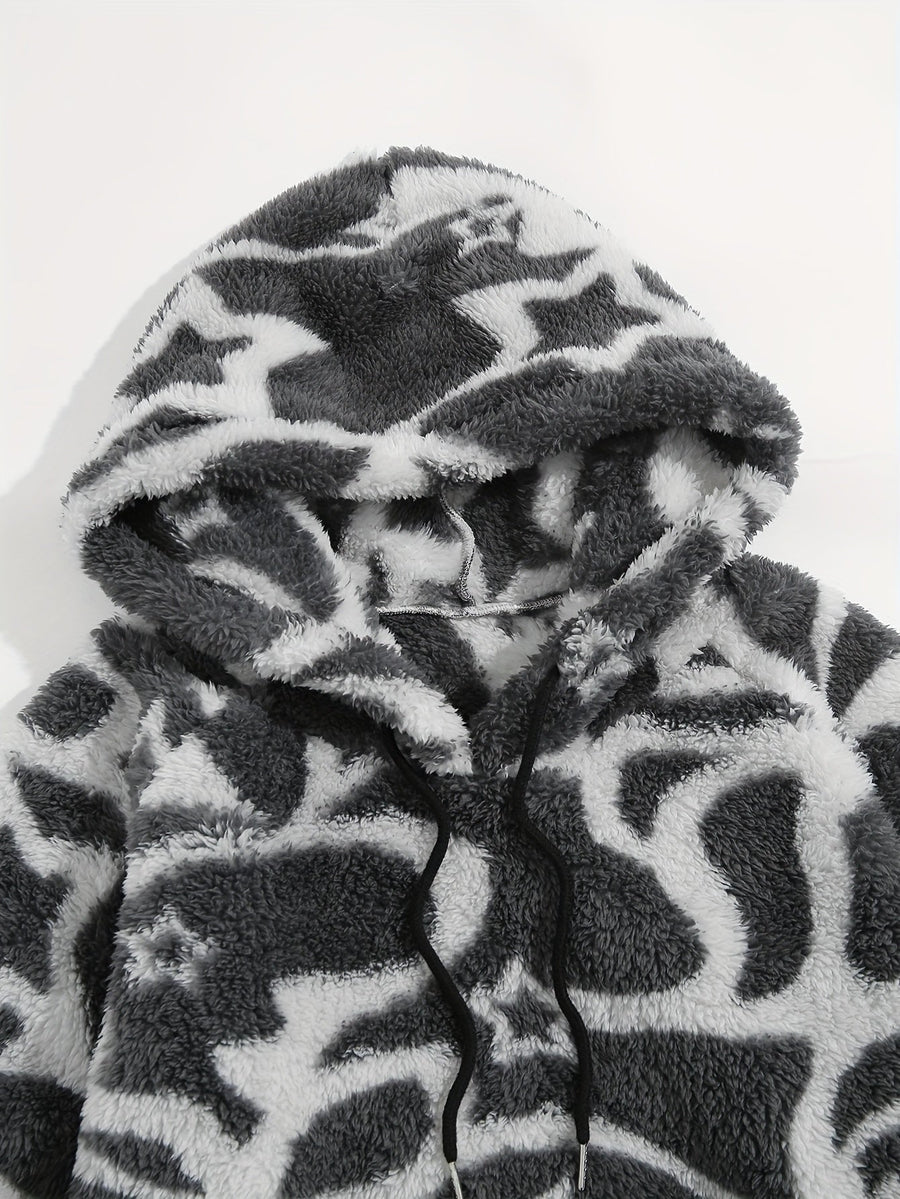 Unisex mysig hoodie med mönster och luva, känguruficka