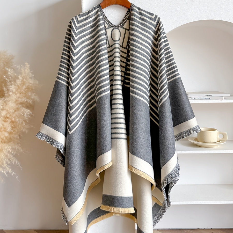Women's Striped Fringe Trim Open Front Wrap Poncho Cape